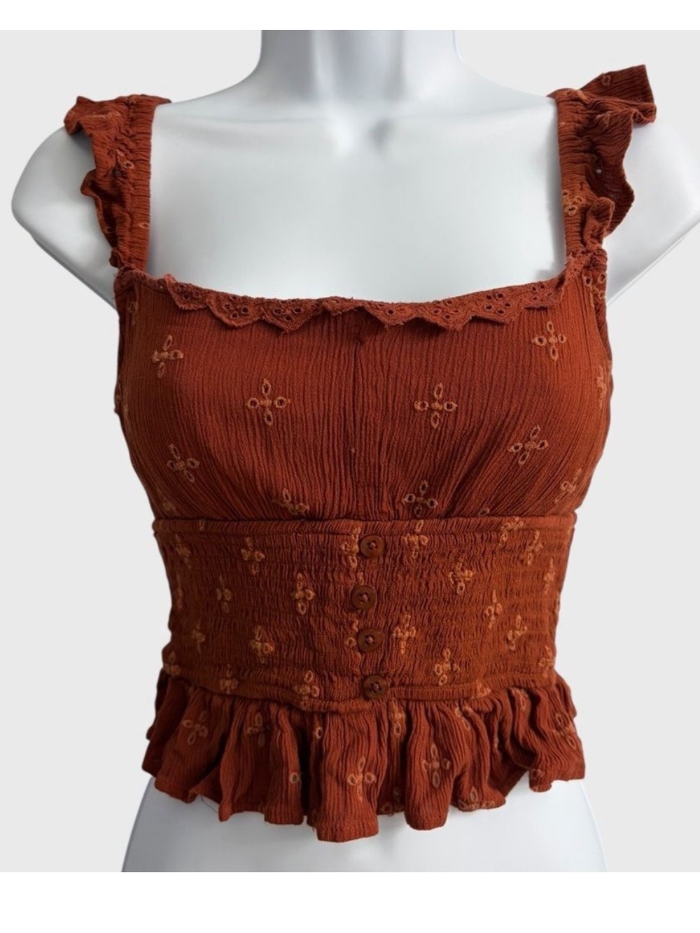 Dizzy Lizzy Women's Burnt Orange Smoked Peplum Crop Top XS Romantic Feminine